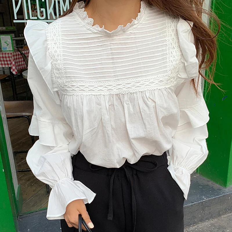 Универсальная Свободная блузка с воротником стойкой женская оборками весна лето