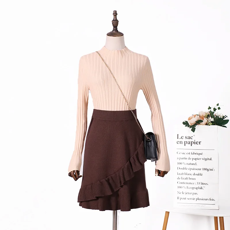 Autumn winter women knitting skirt Womens lady knit Retro Grey Irregular ruffled pleated A-line hip Skirt female skirts - Цвет: coffee
