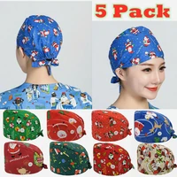 5pcslot wholesale with button unisex christmas print scrub cap with sweatband women men working caps adjustable scrub hats new