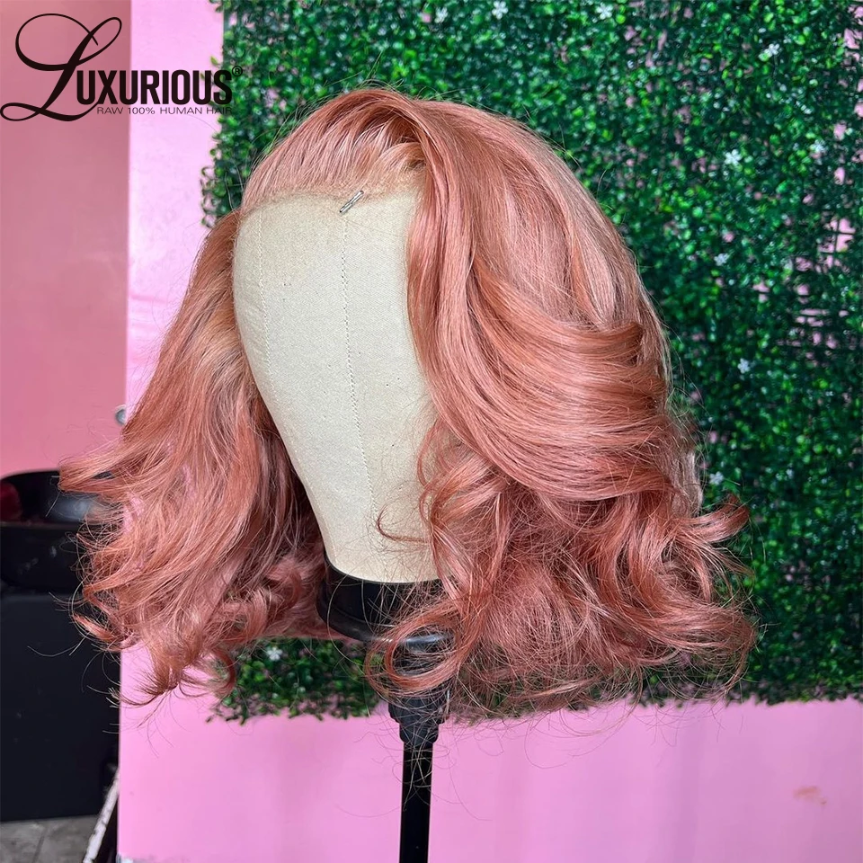 

Light Pink Colored HD Transparent Lace Frontal Wig Body Wave Short Bob Wig Loose Deep Wave Lace Front Wigs For Women Human Hair