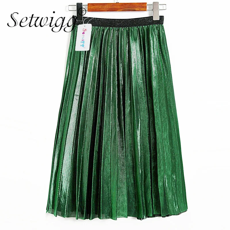 Женская Плиссированная Юбка-миди с металлической сеткой поясом на резинке |