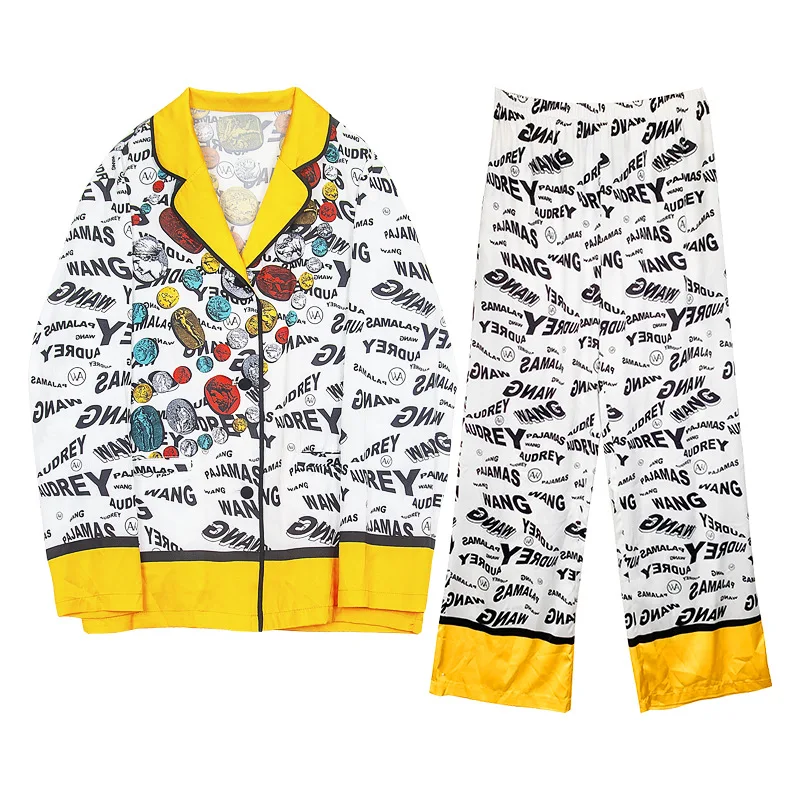 Maison Gabrielle Monogram Coin Letter Printed Pajamas Set Loungewear Sleepwear for Women Silk Satin 2 Pcs Long Sleeve Pyjama