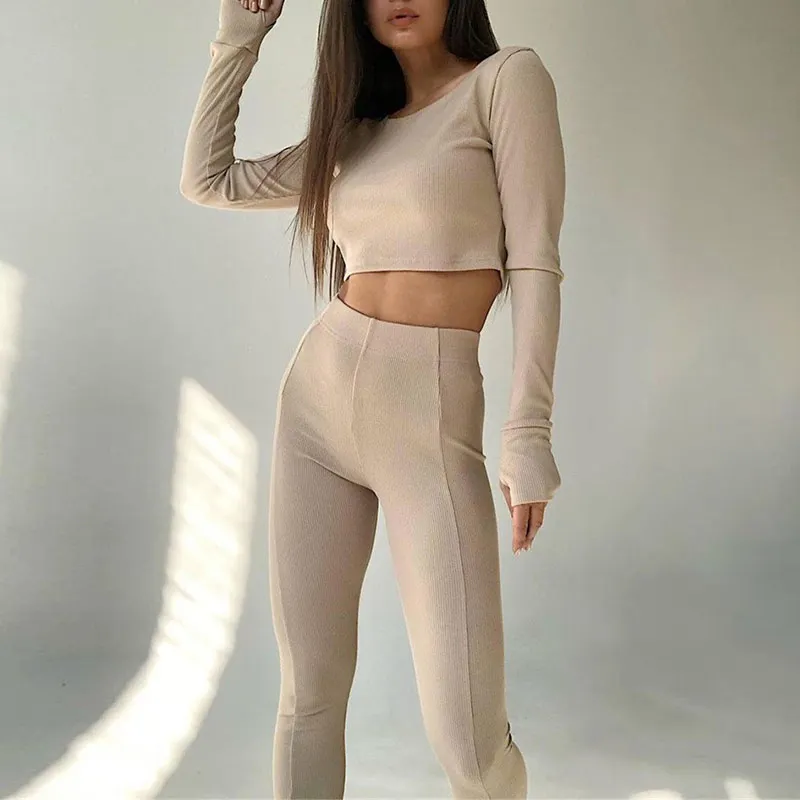 Женский трикотажный облегающий комплект однотонный топ с длинным рукавом