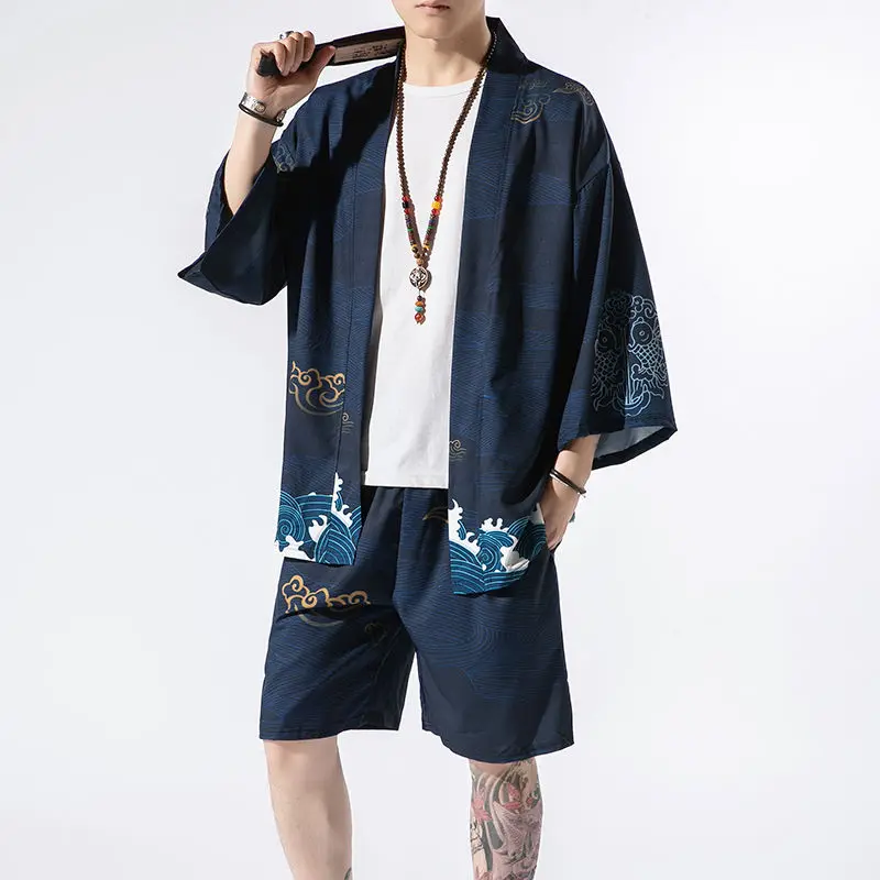 

Japanese kimono suit male Cardigan & shorts two pieces suits thin seven-point sleeves robe shirt fairy crane print Hanfu jacket