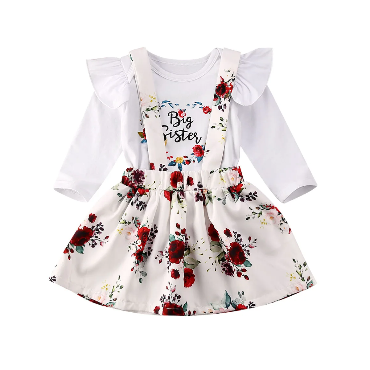 

Pudcoco Baby/весенне-осенний Модный хлопковый комбинезон для маленьких девочек с принтом «Big Sister», Топы + платье на бретелях с цветочным рисунком ...