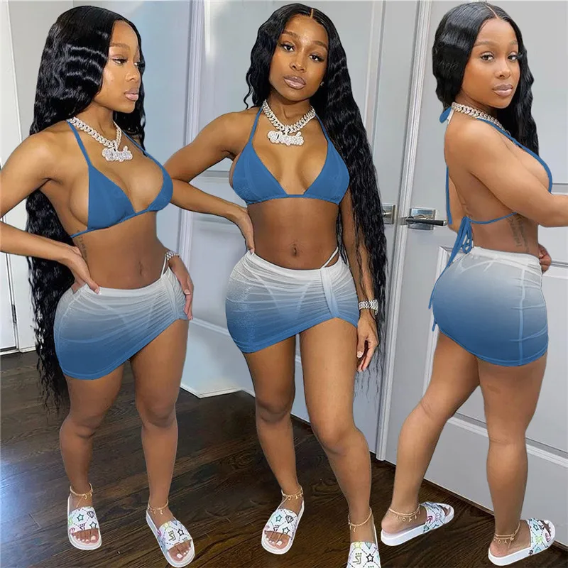 

XS-XL Summer Women Bikinis Swimsuits Sexy Bikini Bra+bottom+mini Skirt 3 Piece Set Gradient Swimwear Beach Wear 7colors 4648