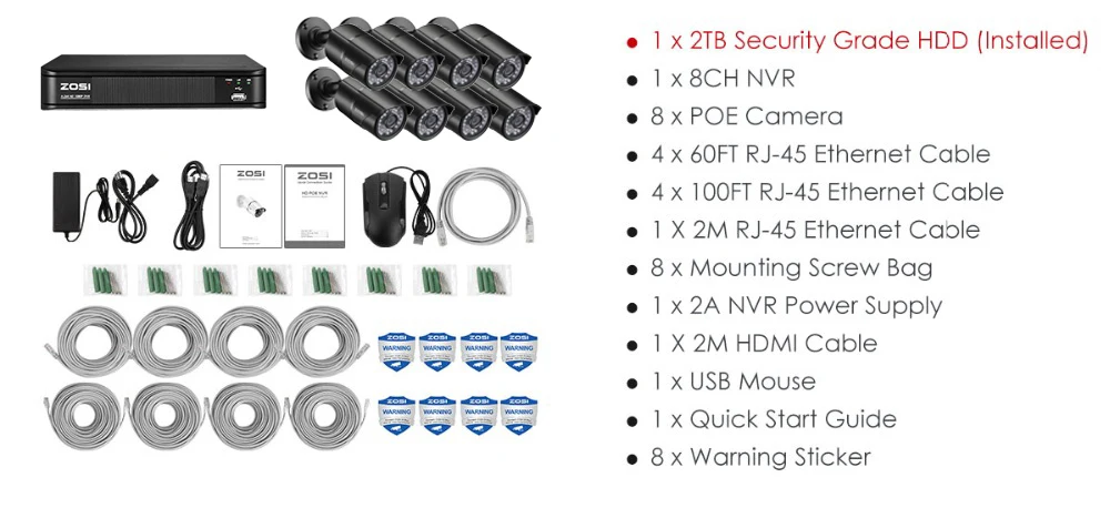 ZOSI H.265 8CH 1080P POE сетевая 8 шт наружная/Внутренняя цилиндрическая ip-камера видеонаблюдения CCTV система с 2 ТБ HDD NVR комплекты