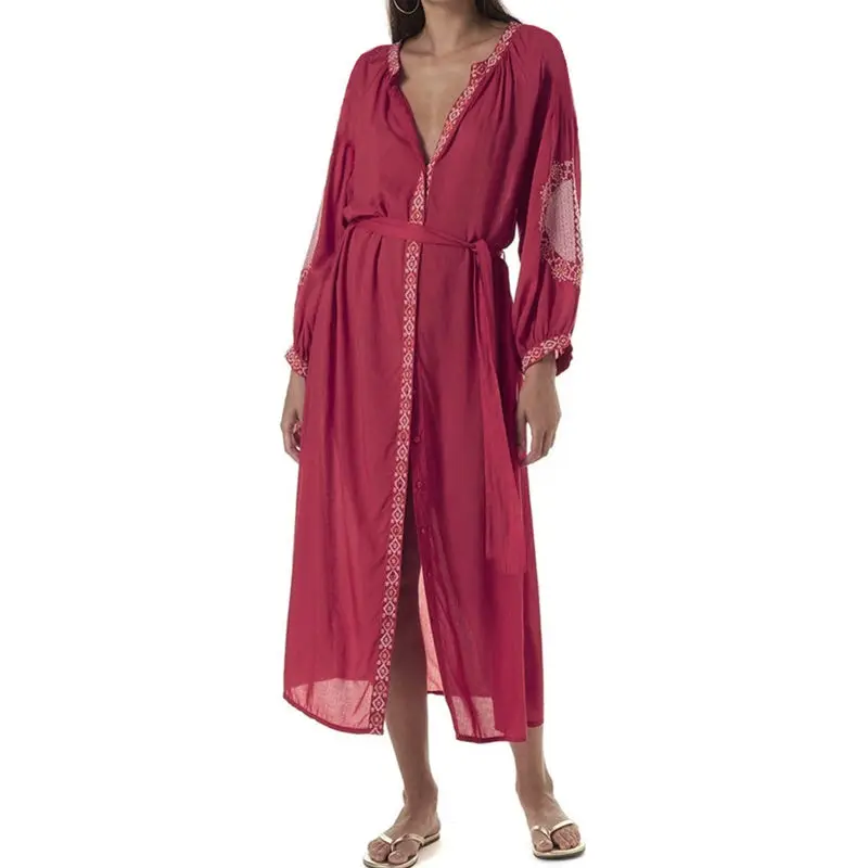 2021 красный в богемном стиле вышитые миди платье размера плюс хлопок туника