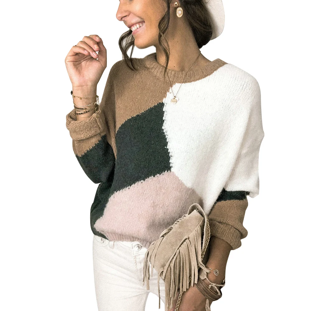 

Vintage Geometric Print Sweater For Women Winter Knitted Pull Femme Contrast Colour Round Neck Pullover Pullover Sweater D30