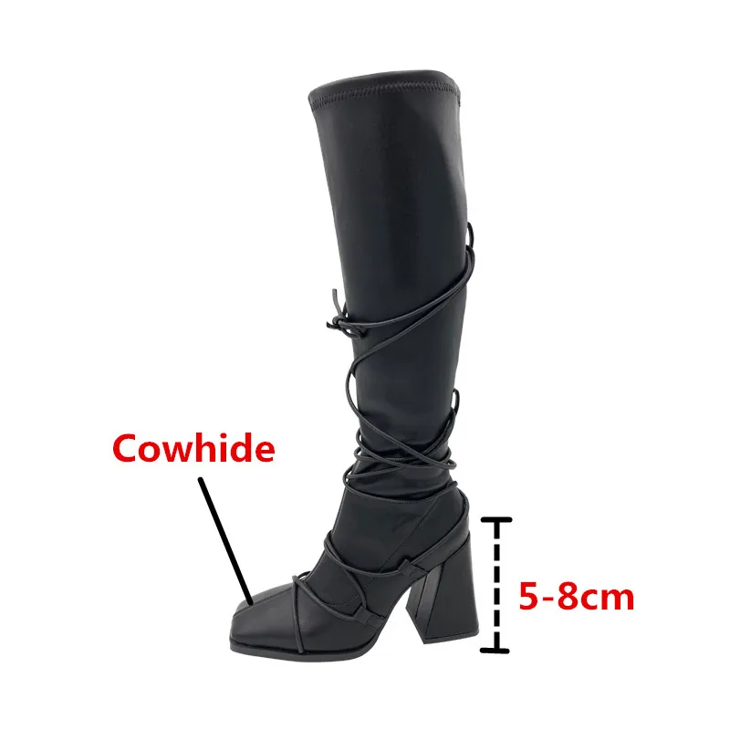 

Prova Perfetto Fashion Novelty High Quality Genuine Leather Lace Up Women's Thigh High Boots Round Toe Wedges VulcanizedShoes