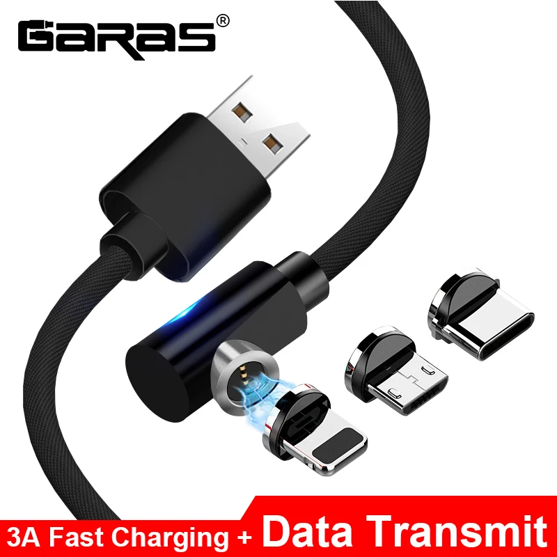 GARAS 90 градусов Магнитный кабель передачи данных для iPhone/Micro USB/type C быстрое