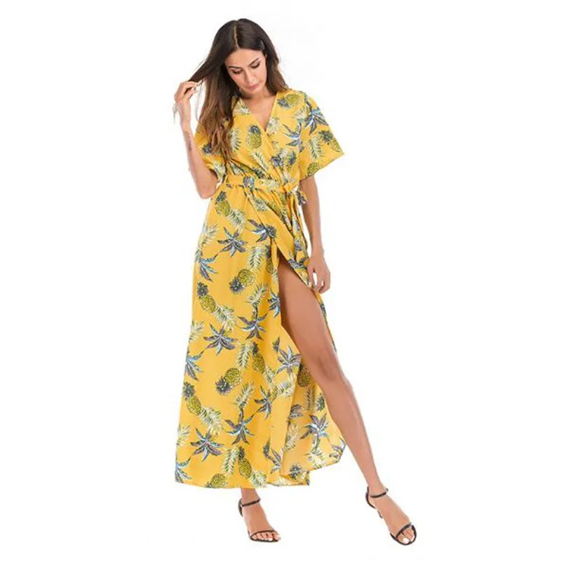 

2020 latest fashion summer ladies dress loose split short-sleeved sexy V-neck long Beach dresses office women chiffon dress X8