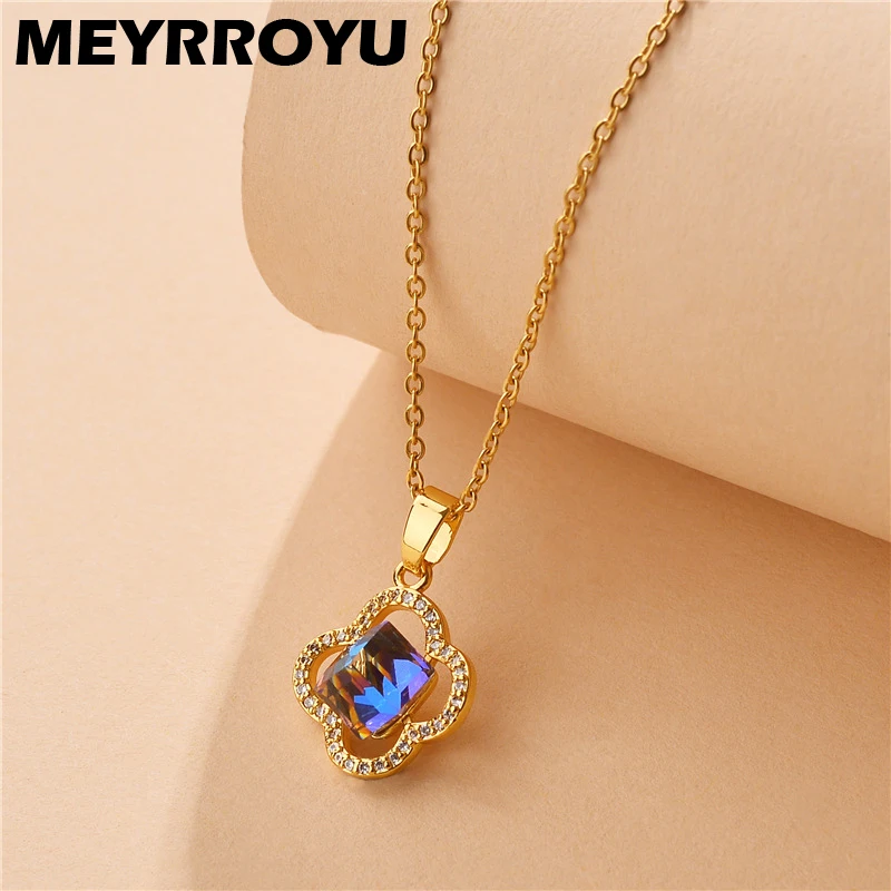 

бижутерия для женщин цепь на шею Женское Ожерелье MEYRROYU, колье из нержавеющей стали с фиолетовым цветком, украшенное стразами