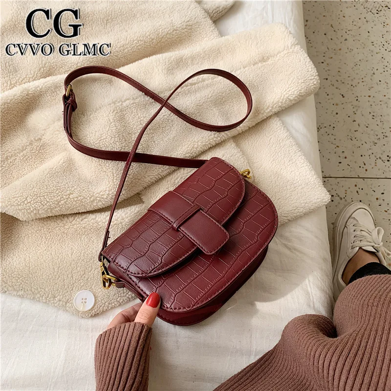 

Cvvo Glmc Stone Pattern Crossbody Bags For Women PU Leather 2021 Shoulder Messenger Bag Lady Handbags and Purses Small Saddle