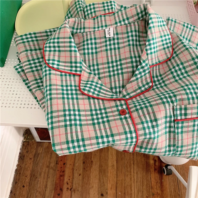 

INS Fresh Plaid Cotton and Linen Pajamas Women's Spring and Autumn Long-Sleeved Trousers Korean Cardigan Home Wear Two-Piece