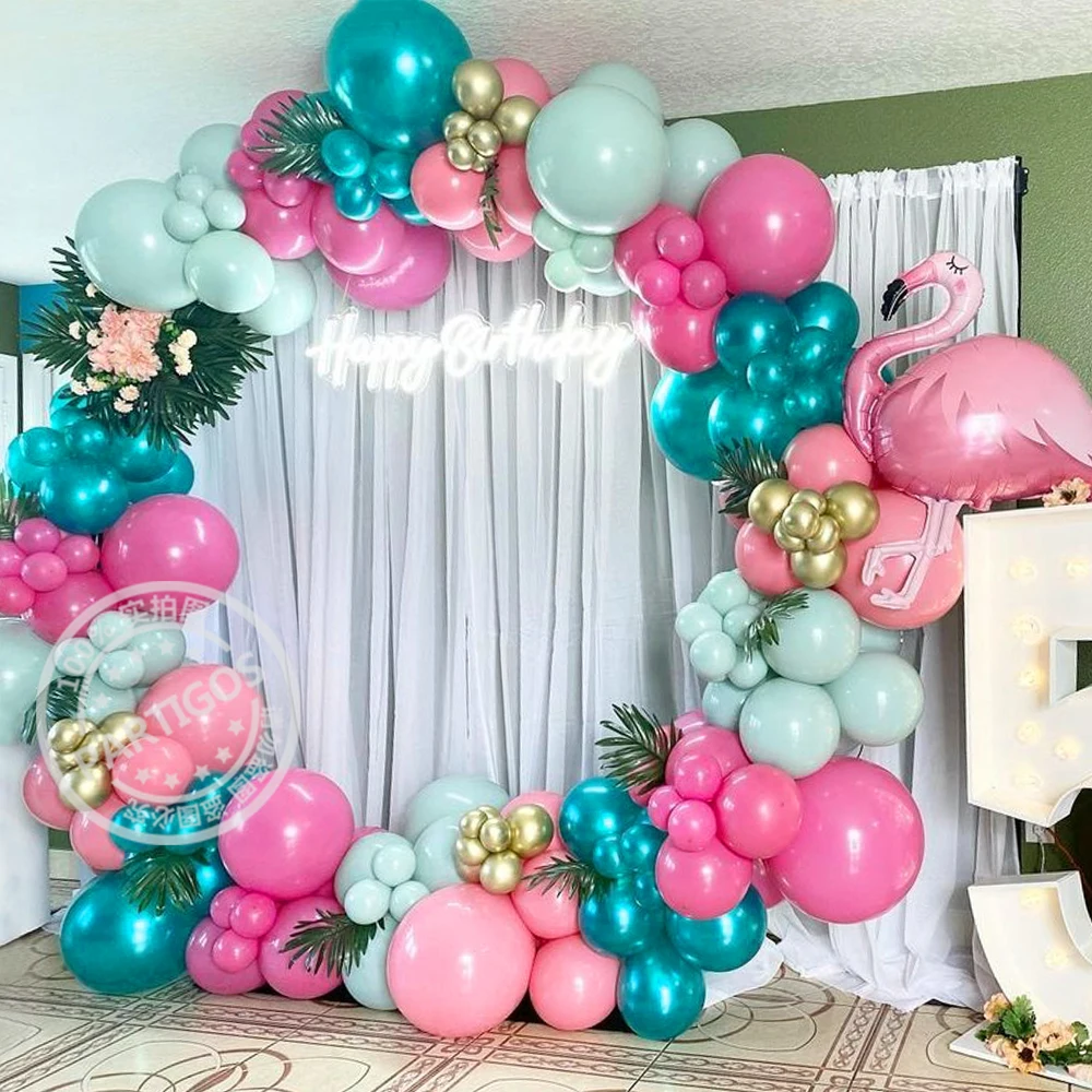 Globo de fiesta Hawaiano de flamenco Tropical para ni&ntilde;os, guirnalda de Globos rosa azulado, decoraci&oacute;n de fiesta Aloha, suministros de cumplea&ntilde;os, 128 Uds.-0