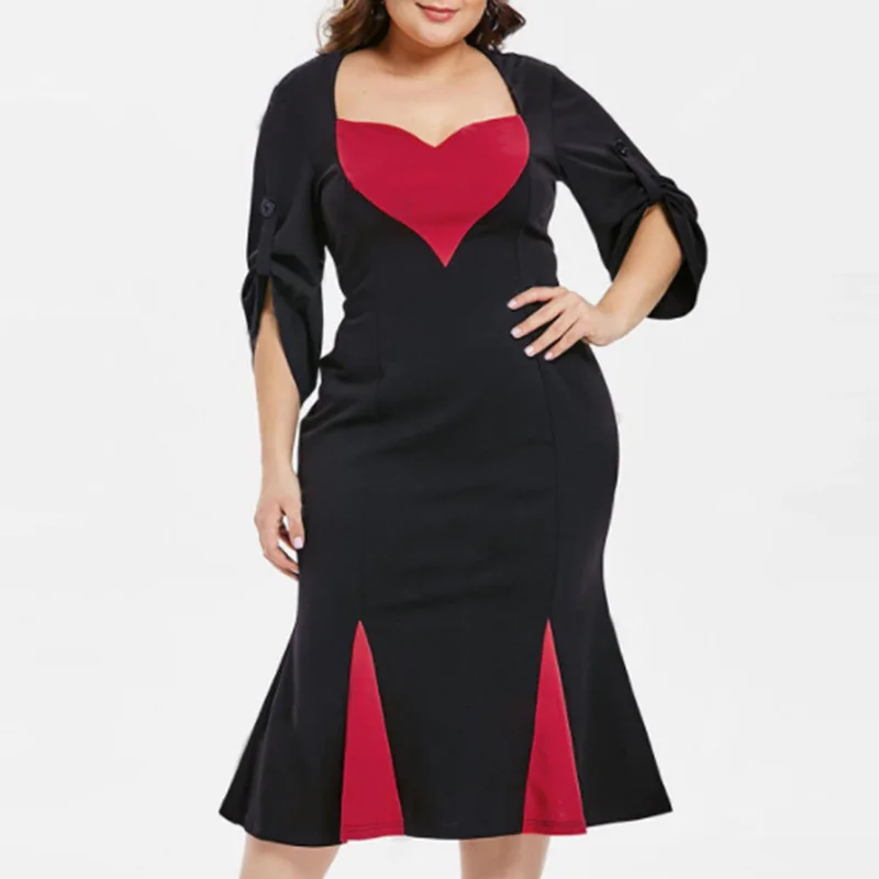 4XL Sweetheart Neck Patchwork Slim Elegant Women Sexy Dress Spring Autumn Contrast Color Party Dresses