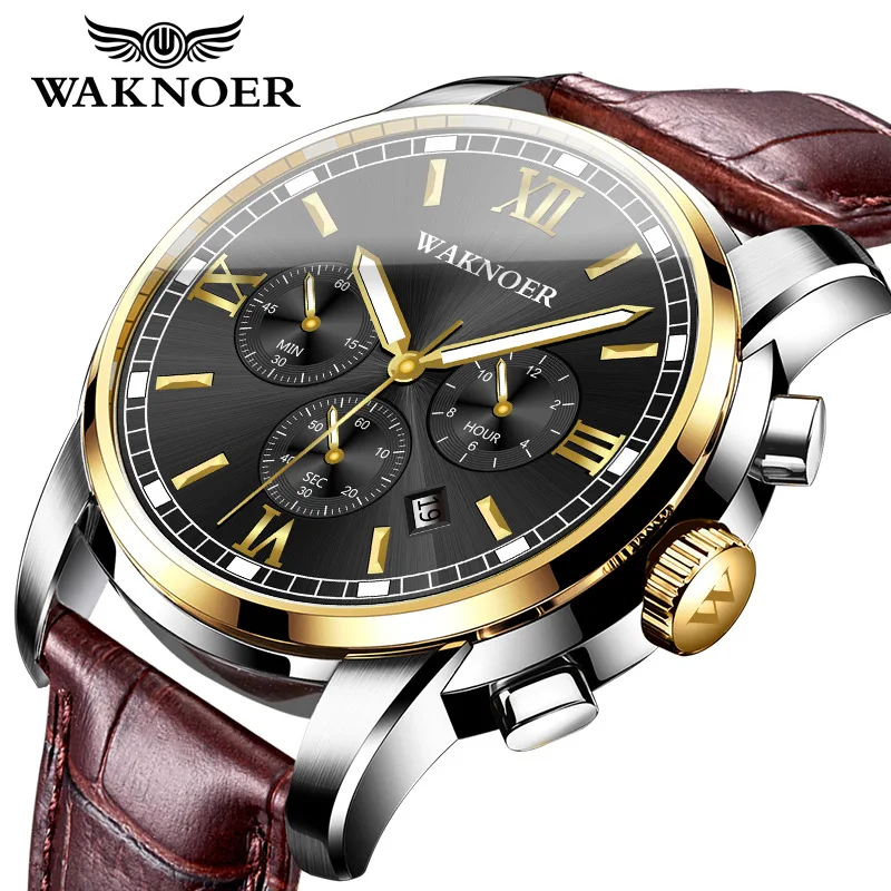 

WAKNOER Luminous Date Quartz Watches Relogio Masculino Luxury Men's Watch Leather Strap Fashion wristwatch new design saati