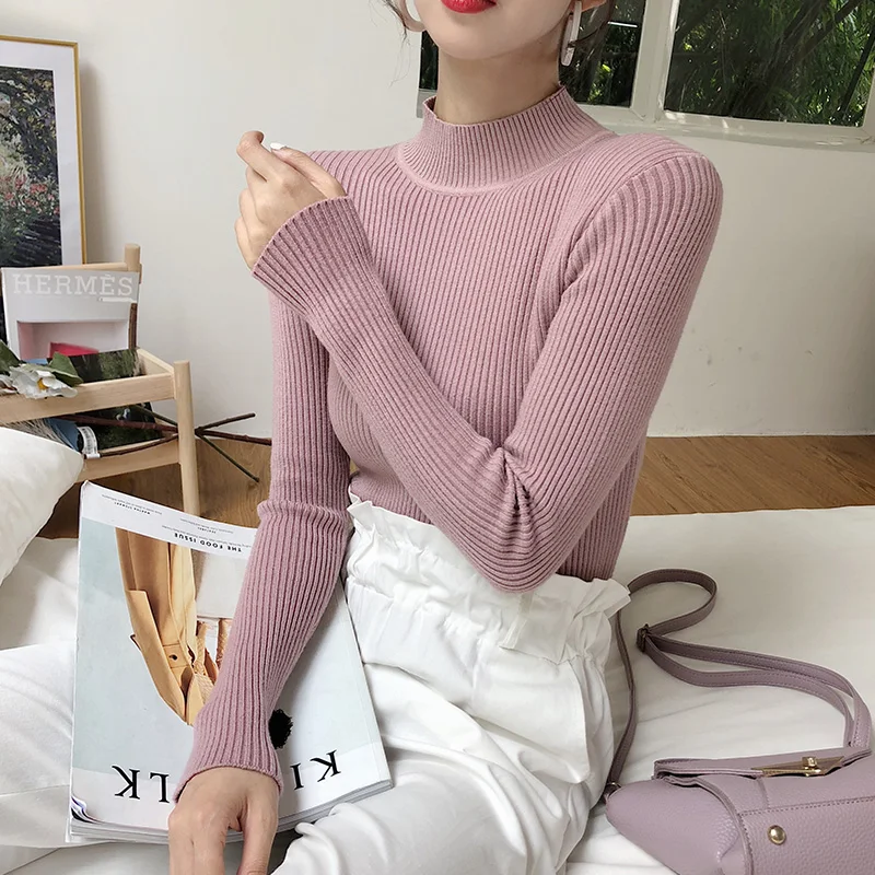 

Женский облегающий свитер TingYiLi, элегантный вязаный пуловер с высоким воротником и длинным рукавом, в Корейском стиле, Осень-зима