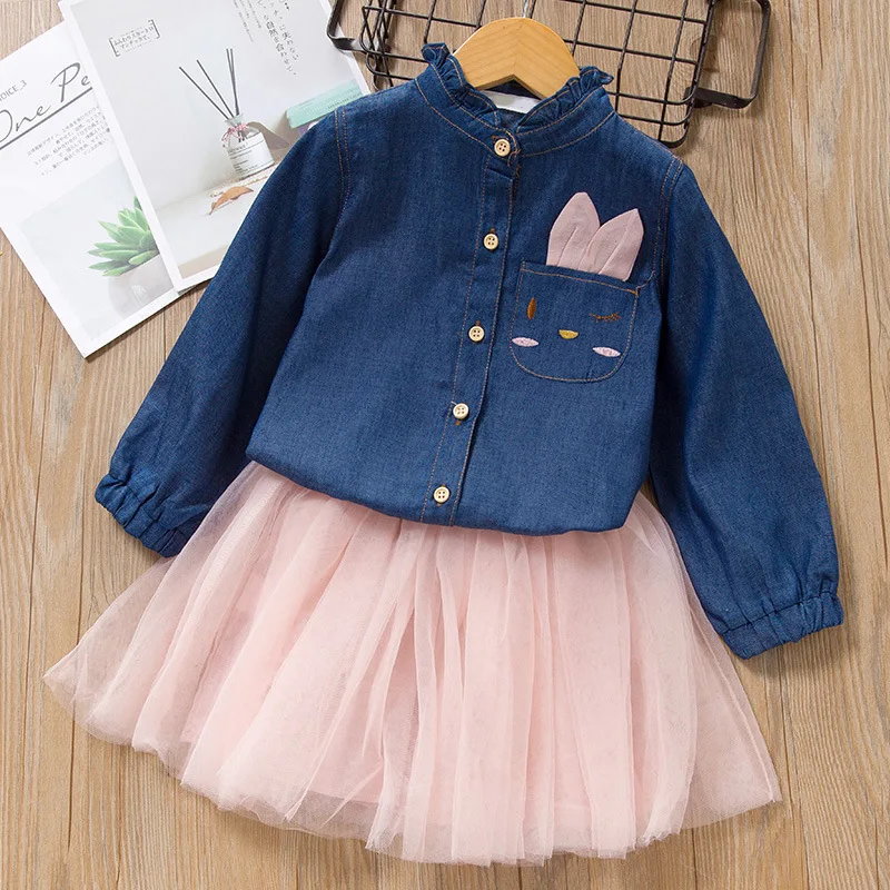 Animal Cat Applique Girls Dress Autumn Winter Cartoon Denim T-shirt with mesh 2Pcs for Girl Suits Children Clothing | Детская одежда и