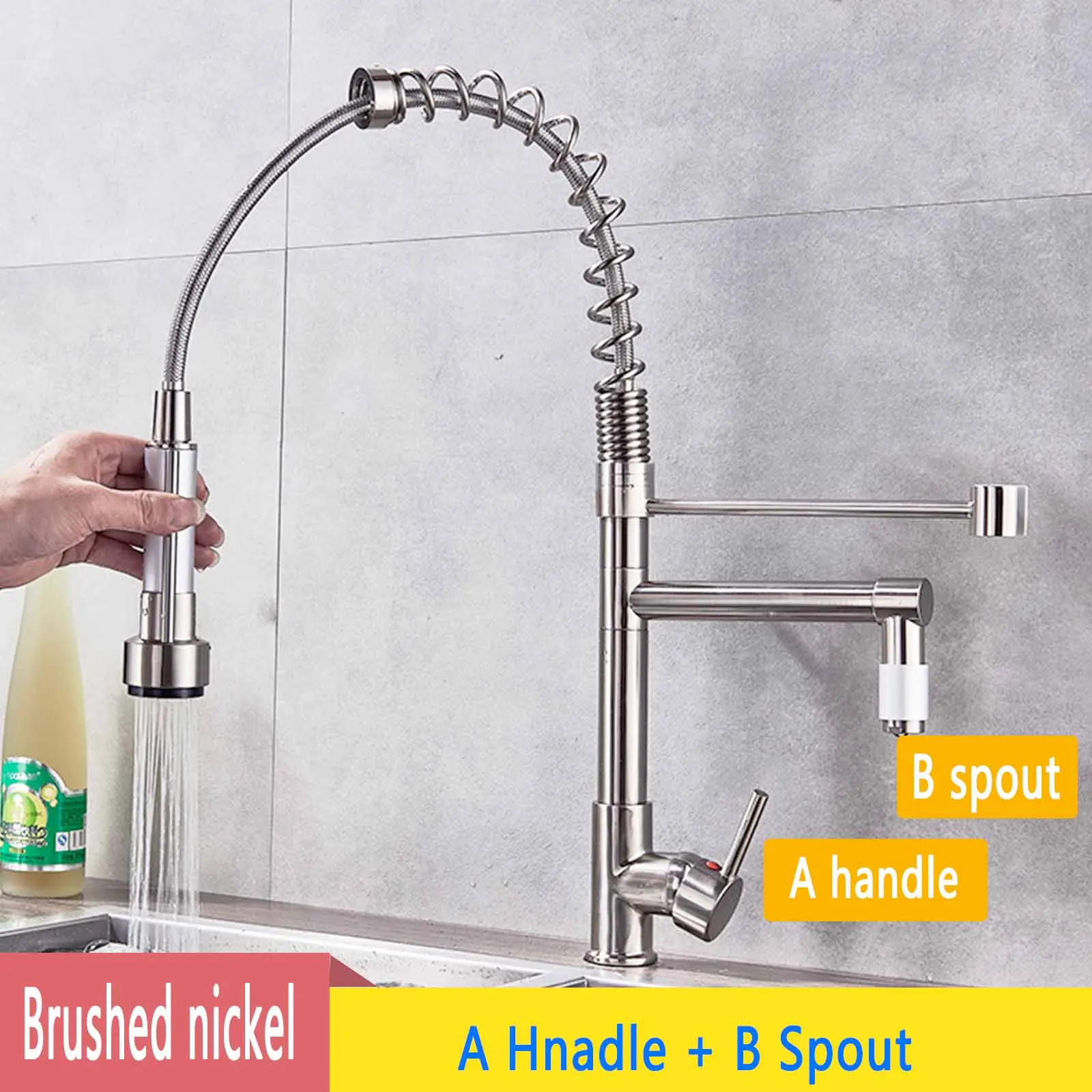 A B Brushed nickel Кухонный кран из матового никеля двойная функция носик выдвижной Душ спрей поворотный носик кухонная раковина краны холодный горячий смеситель кран - Цвет: A B Brushed nickel
