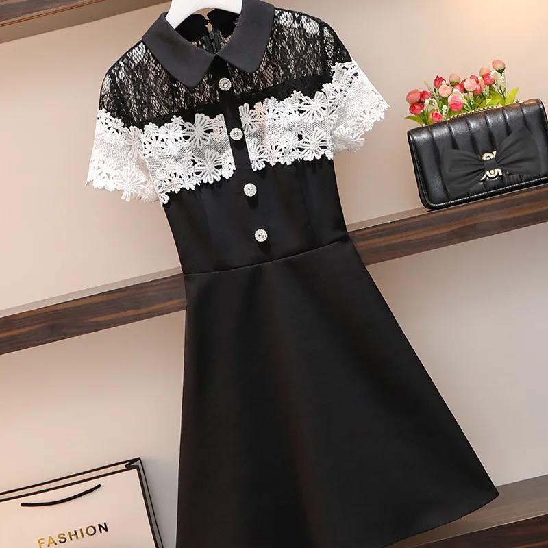 Vestido de encaje de talla grande para mujer, vestido de retazos de manga corta con cuello vuelto con cremallera, ahuecado, novedad de verano de 2021