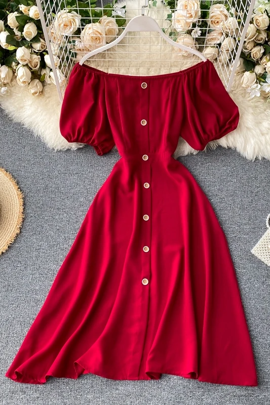 

2020 Summer Elegant Slim Waist Female Dresses Sexy Slash Neck Women Dress Single Breasted Puff Sleeve Vestidos Slim Dress