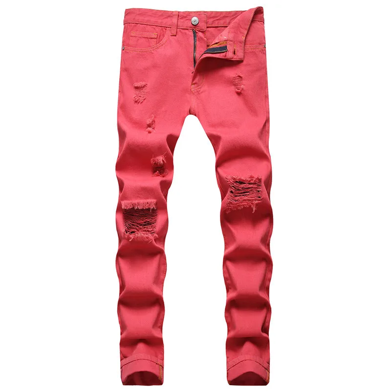 

New Men's Jeans Large Size High-strength Bleaching and Dyeing Red Fashion Hole Straight Four-season Jeans 90s Boyfriend Jeans