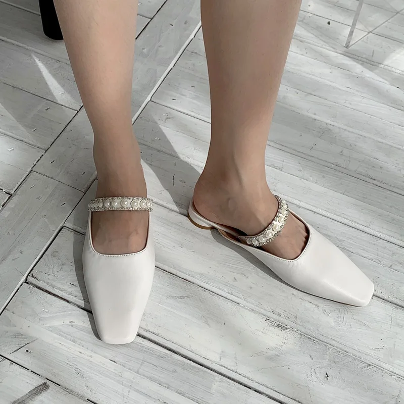 

2021 Mules Shoes Women Slides Outdoor Platform Slippers Pearl Decoration Summer Sandals Heels