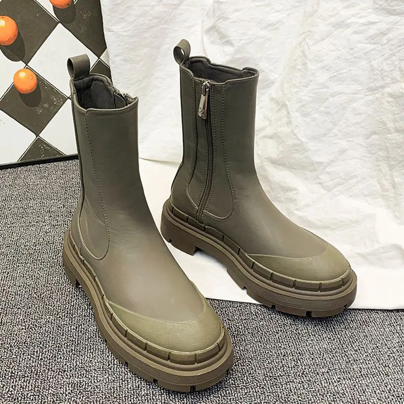 

PU Thick Heel Height Increasing Mid Boot Women Thick Bottom Mid Calf Boots Zipper British Designed Fashion Ladies Shoes