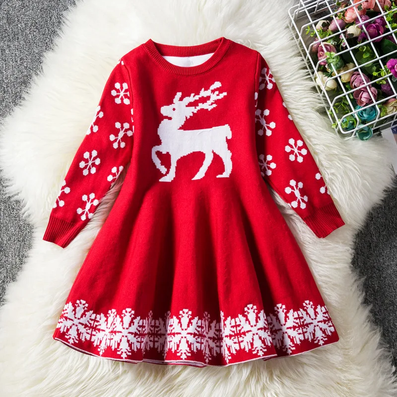 Girls Christmas Dress Long Sleeve Autumn Winter Knitted Sweater Cartoon Deer Print Kids Princess 2-8 Years | Мать и ребенок