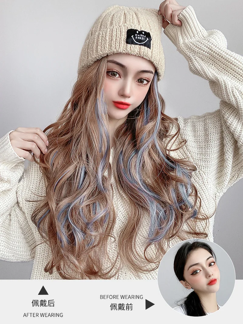 Зимняя женская вязаная шапка со смайликом и длинными вьющимися волосами