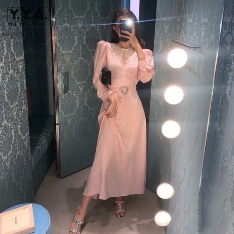 

Vintage Printed Chiffon Dress French Puff Long Sleeve Spring Elegant Slim Fit Long Dresses High Waist Sweet Polka Dot Pink Dress