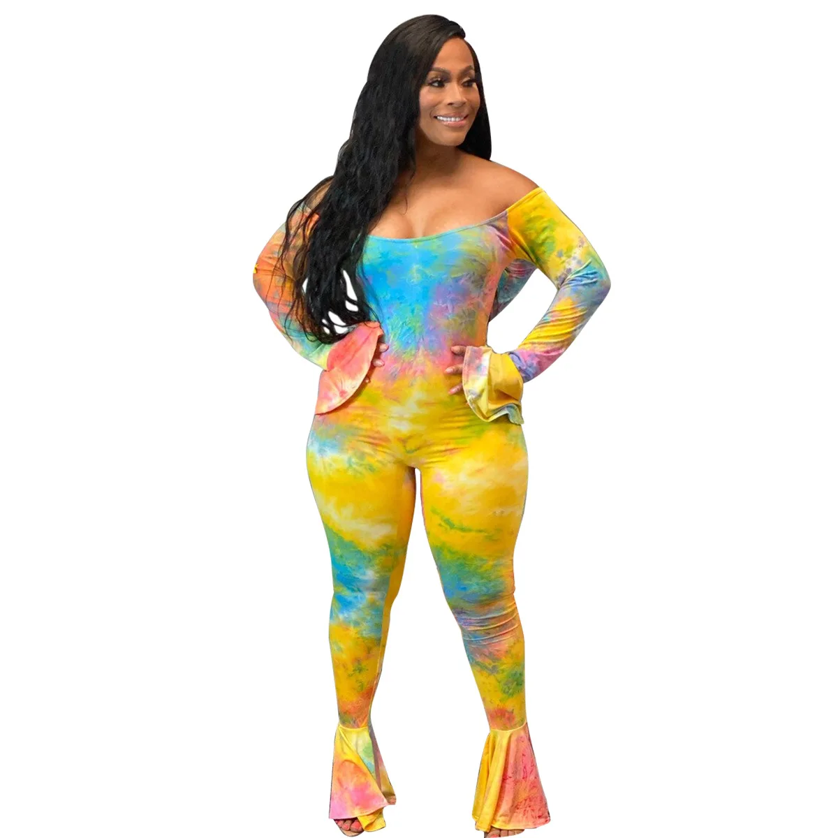 

4A5196 Autumn Winter Women Outdoor Casual Home Sexy Strapless Tie-dyed Flare Jumpsuit Playsuit Rompers Plus Size Hot