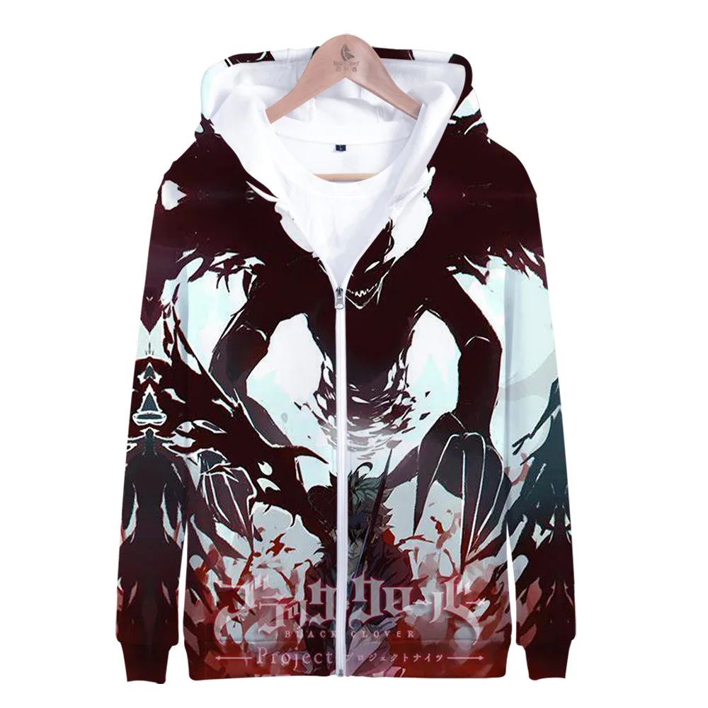 

Толстовка с капюшоном в стиле Харадзюку для мужчин и женщин, худи на молнии с японским мультяшным принтом клевера черного цвета, пальто для ...