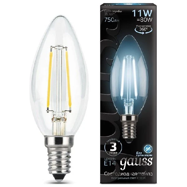 Лампа GAUSS Filament Свеча E 14 11 W 4100 K 103801211 | Лампы и освещение