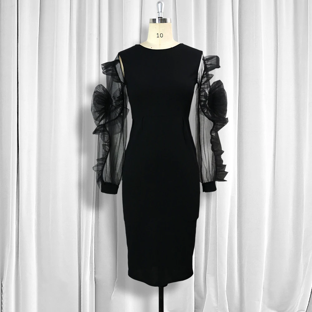 Black Dress O Neck Transparent Mesh Long Sleeves Ruffle Classy Women Elastic Elegant Office Ladies Modest Female African Fashion | Женская
