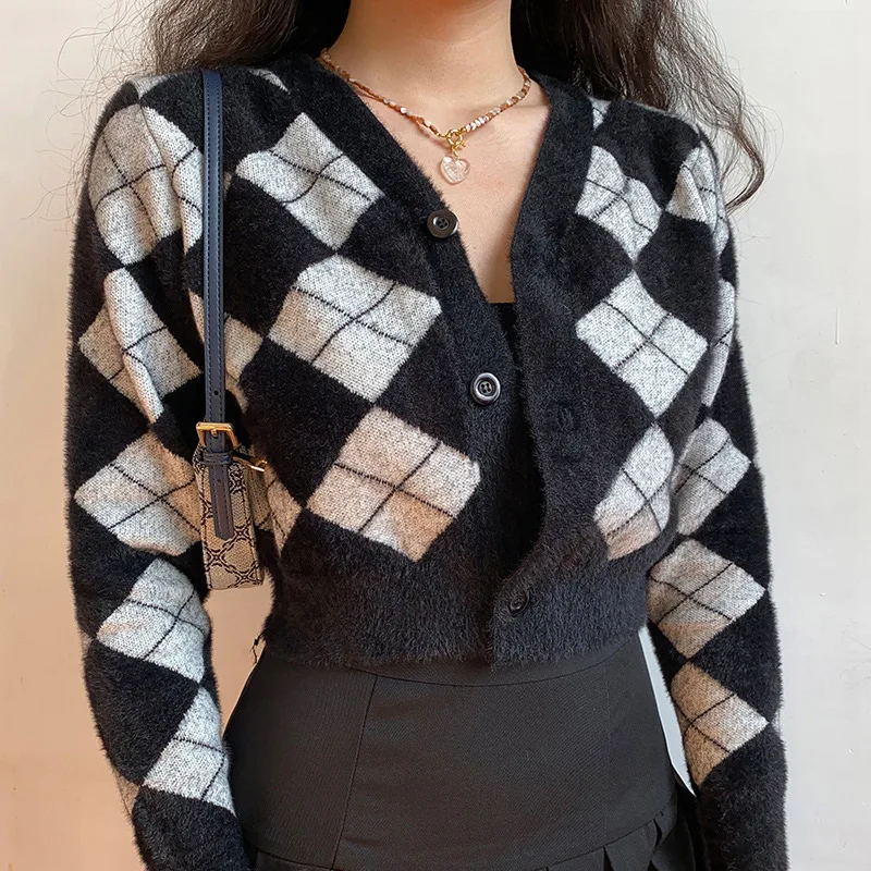 

Вязаный свитер, женский кардиган с узором ромбиками, укороченное зимнее женское пальто, Модный облегающий свитер, кардиган, Женский трикота...