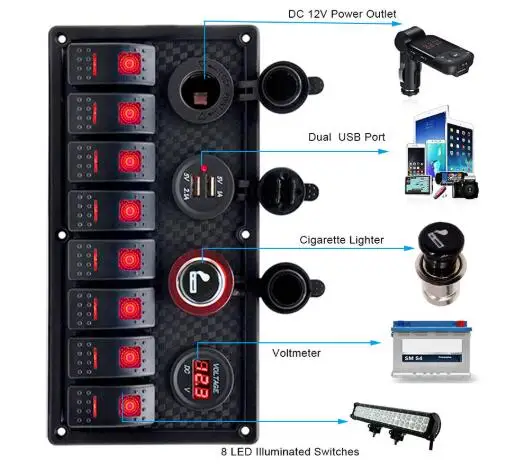

Waterproof 8 Gang Switch Panel Rocker LED Voltage Display+1A+2.1A Dual USB Charger+Cigarette Lighter For Truck Boat Car Ship RV