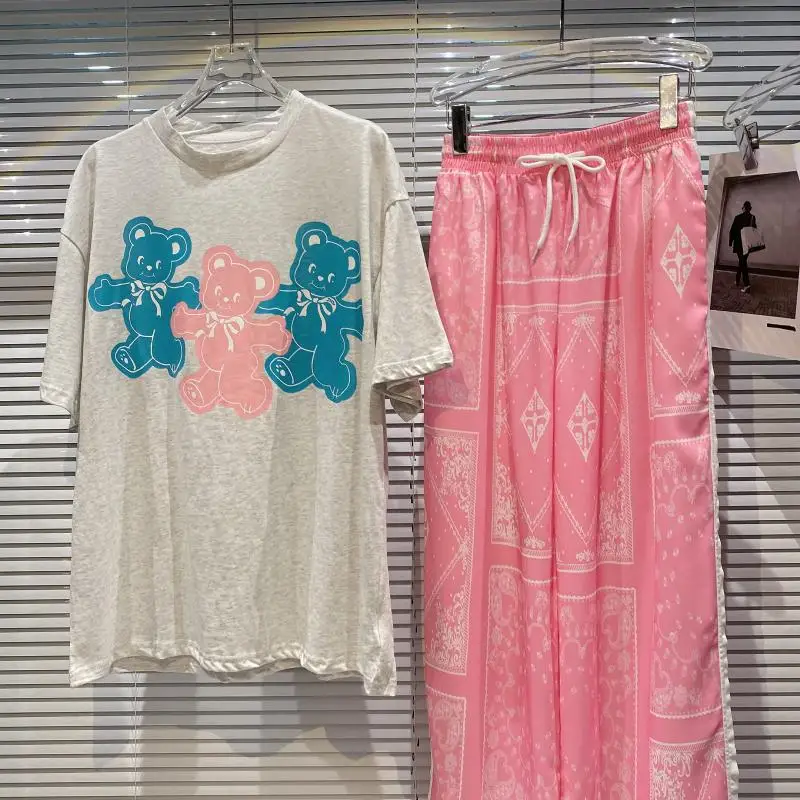 

2021 Summer New Bear Pattern Short Sleeve T-shirt White Female Pullover Retro Long Trousers Wide Leg Pants Women Two Piece Suit