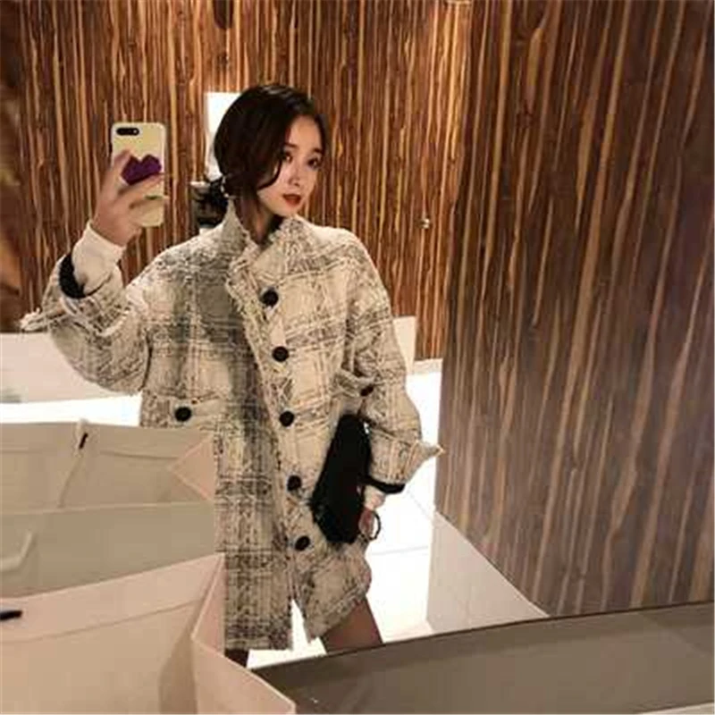 Осень-зима 2019 новое корейское пальто в шотландскую клетку длинная свободная