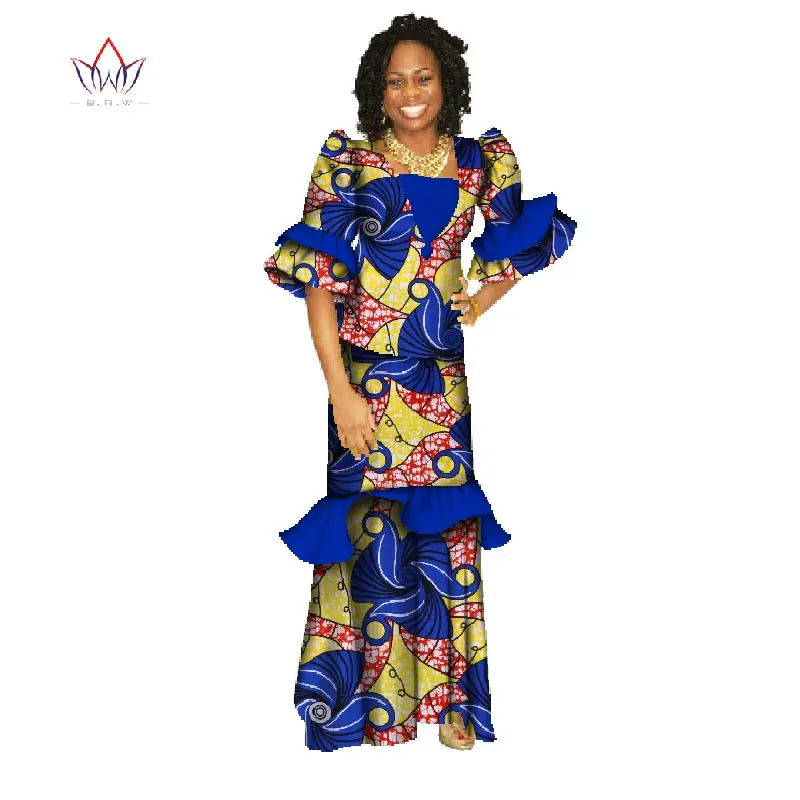 

Wholesale Clothing African Dress Wax Batik Traditional print Dashiki for woman Dress elegant ruffle Robe Longue dress WY075