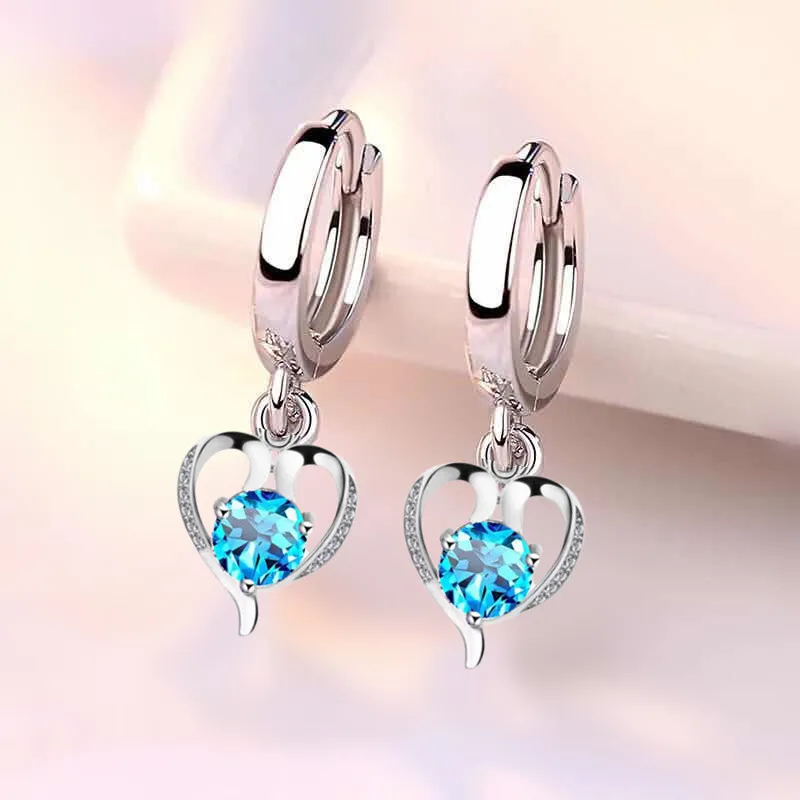 

925 sterling silver new women's fashion jewelry earrings blue pink zircon crystal heart-shaped long tassel retro earrings
