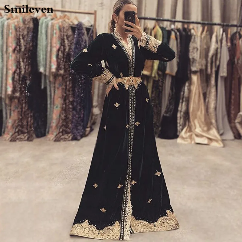 

Smileven Velvet Moroccan caftan Evening Dresses V Neck Lace Mother Dress Arabic Muslim Special Occasion Dresses Party Gowns