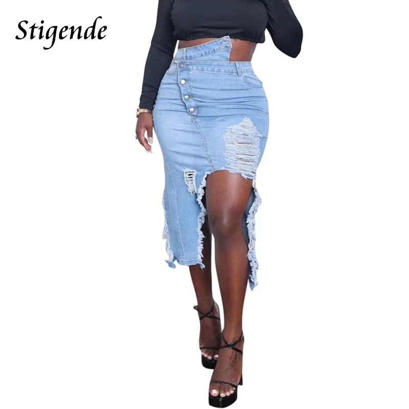 Женская рваная Джинсовая Юбка-миди с разрезом на пуговицах | одежда