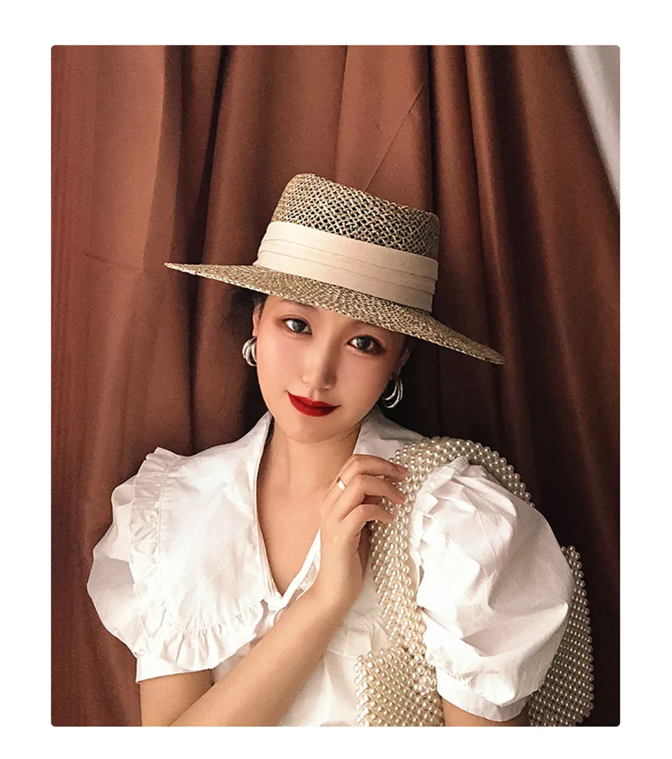 

2021 New Handmade Straw Beach Hat For Women Summer hat Panama Cap Fashion Concave Flat Sun Protection Visor Hats Wholesale