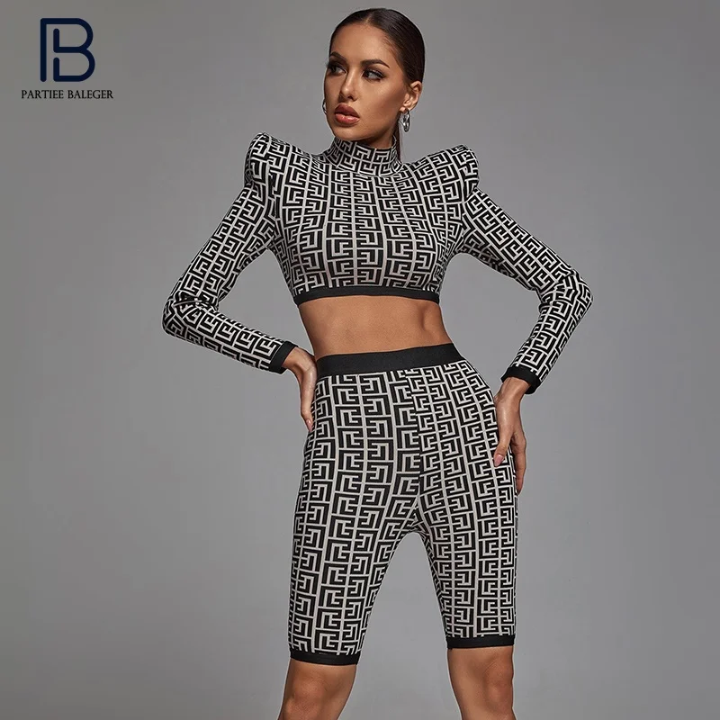 

PB 2020 New Trendy Geometric Jacquard Two Pieces Suit Long Sleeves Celebrity Party Club Bandage Crop Tops Shorts Suit