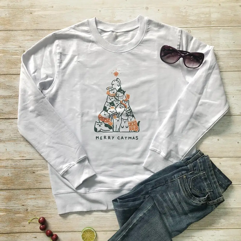 

MERRY CATMAS Christmas tree graphic funny cute party hipster young style sweatshirt pure cotton casual pullovers gift 90s tops