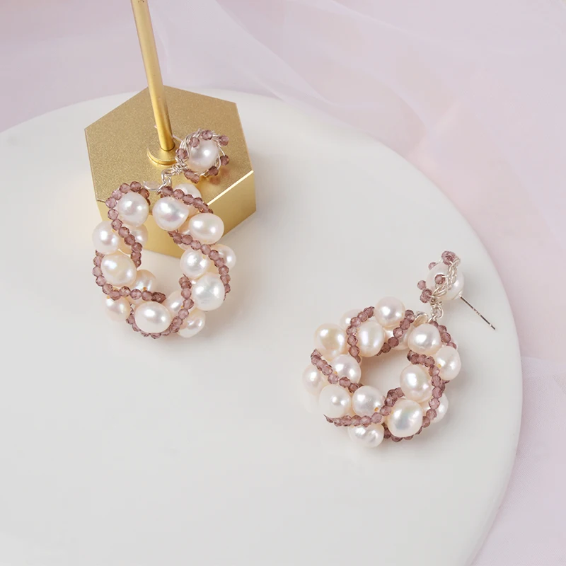 ASHIQI Natural Big Pearls Drop Earrings for Women with Purple Crystal Beads Handmade 925 Sterling Silver Jewelry | Украшения и