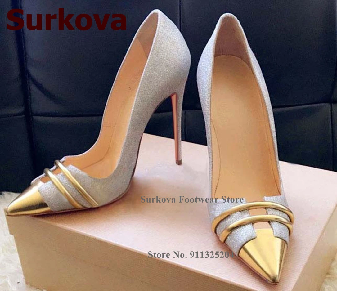 Surkova Silver Bling Bling Sequined High Heel Bridal Shoes Gold Pointed Toe Patchwork Dress Pumps Hot Out 12cm Slip-on Footwear